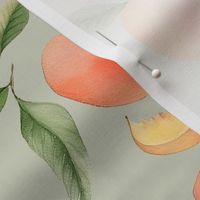 14" Hand painted Watercolor peaches and leaves Meadow- Whimsical fruits and peach chunks for nursery, kids decor, and home decoration  soft green