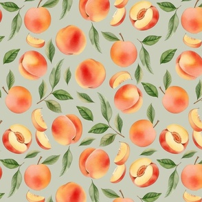 14" Hand painted Watercolor peaches and leaves Meadow- Whimsical fruits and peach chunks for nursery, kids decor, and home decoration  soft green