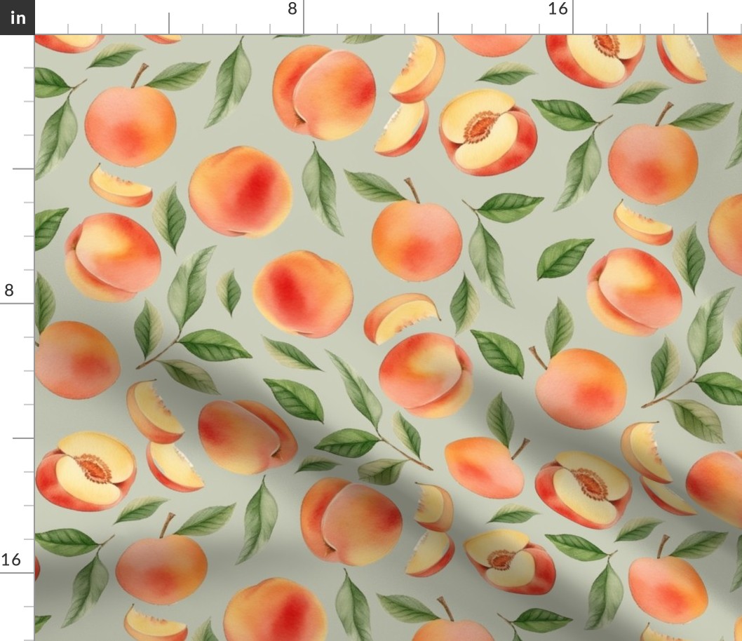 14" Hand painted Watercolor peaches and leaves Meadow- Whimsical fruits and peach chunks for nursery, kids decor, and home decoration  soft green