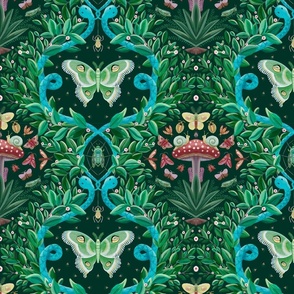 Night time fantasy in the jungle - quirky damask of moths, snakes and  lightening bugs - medium scale.