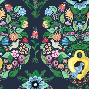 Playful print of birds and birdhouse in colorful flower garden - all over and maximalist - large.