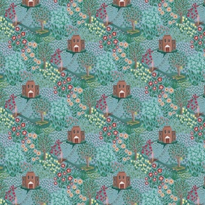 Color block print of cute flowers in countryside landscape for quilting, home decor and wallpaper - small