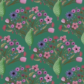 Whimsical pattern of decorative peacocks with  magical floral tails - maximalist ,  damask - mid size  print.