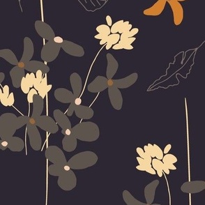 (XL) whimsical orange, beige, grey flowers in lines with leaves on black