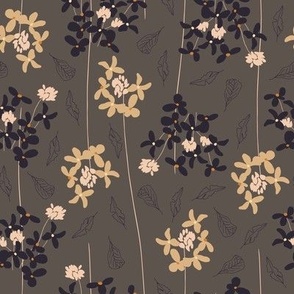 (M) whimsical yellow, wheat and taupe flowers in lines with leaves on ebony