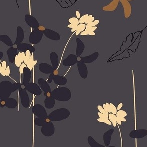 (XL) whimsical copper, beige and taupe flowers in lines with leaves on dark ebony