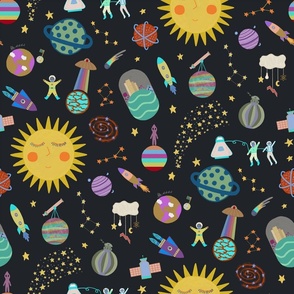 Colorful galaxy and space themed novelty print for kids room wall paper - cartoon style on black - large scale.