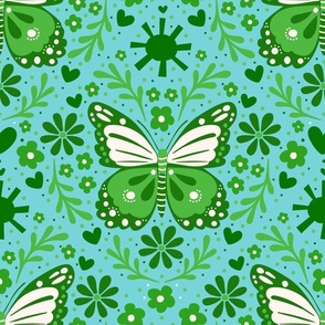 Bigger Scale Green Butterfly Floral Damask on Pool Blue