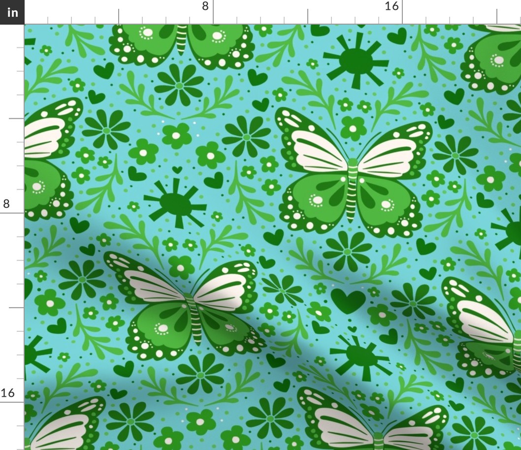 Bigger Scale Green Butterfly Floral Damask on Pool Blue