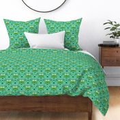 Smaller Scale Green Butterfly Floral Damask on Pool Blue