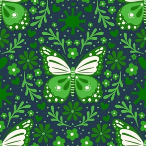 Bigger Scale Green Butterfly Floral Damask on Navy