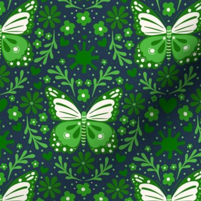 Smaller Scale Green Butterfly Floral Damask on Navy