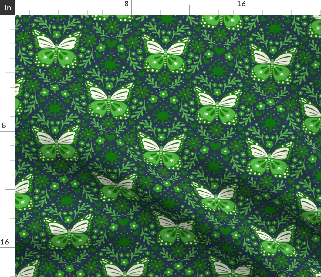 Smaller Scale Green Butterfly Floral Damask on Navy