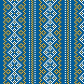 Folk Slavic Ornament - Strength of the Seeding Field - Pixel Ethno Pattern - Lapis Lazuli Cyan Blue Chrome Yellow White - Large