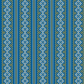 Folk Slavic Ornament - Strength of the Seeding Field - Pixel Ethno Pattern - Lapis Lazuli Cyan Blue Chrome Yellow White - Middle