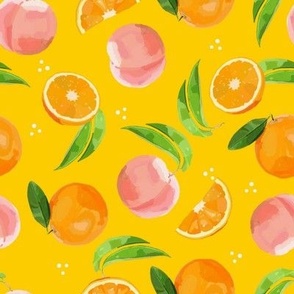 peaches and oranges on yellow