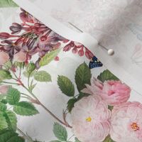 Nostalgic Beauty: Antique Lilac Flower and Bouquets with Pierre-Joseph Redouté Roses,  English Dog Rose, Blue Cute Butterflies- for Vintage Home Decor And Wallpaper white double layer