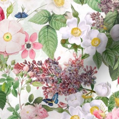 Nostalgic Beauty: Antique Lilac Flower and Bouquets with Pierre-Joseph Redouté Roses,  English Dog Rose, Blue Cute Butterflies- for Vintage Home Decor And Wallpaper white double layer