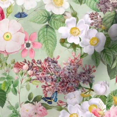 Nostalgic Beauty: Antique Lilac Flower and Bouquets with Pierre-Joseph Redouté Roses,  English Dog Rose, Blue Cute Butterflies- for Vintage Home Decor And Wallpaper light green double layer