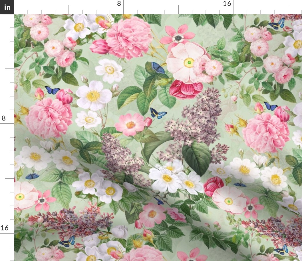 Nostalgic Beauty: Antique Lilac Flower and Bouquets with Pierre-Joseph Redouté Roses,  English Dog Rose, Blue Cute Butterflies- for Vintage Home Decor And Wallpaper light green double layer