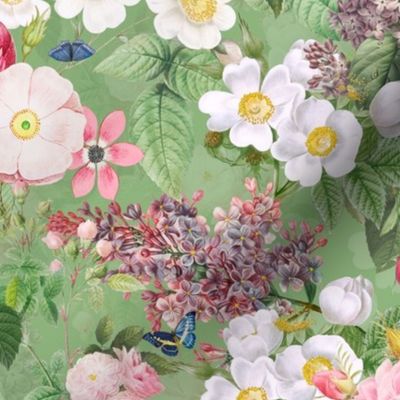 Nostalgic Beauty: Antique Lilac Flower and Bouquets with Pierre-Joseph Redouté Roses,  English Dog Rose, Blue Cute Butterflies- for Vintage Home Decor And Wallpaper apple green double layer