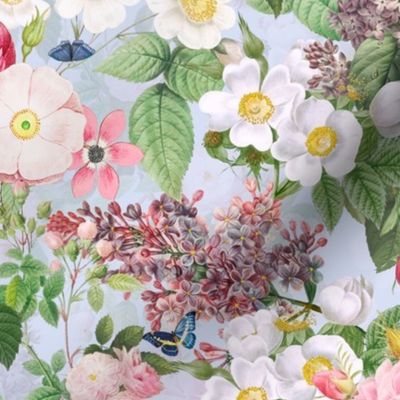 Nostalgic Beauty: Antique Lilac Flower and Bouquets with Pierre-Joseph Redouté Roses,  English Dog Rose, Blue Cute Butterflies- for Vintage Home Decor And Wallpaper baby blue - double layer