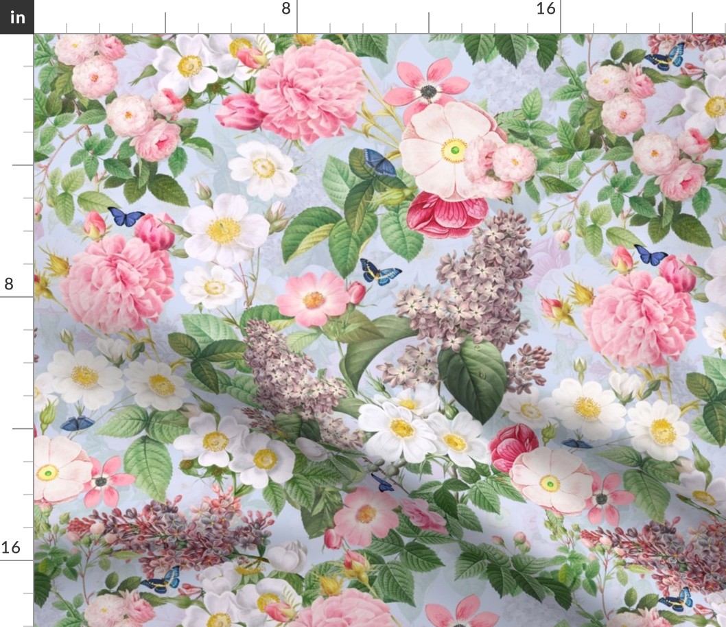 Nostalgic Beauty: Antique Lilac Flower and Bouquets with Pierre-Joseph Redouté Roses,  English Dog Rose, Blue Cute Butterflies- for Vintage Home Decor And Wallpaper baby blue - double layer