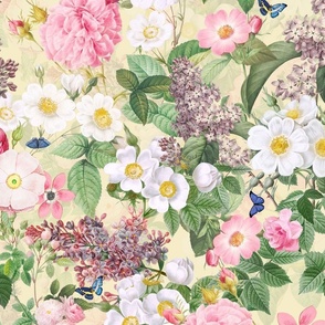 Nostalgic Beauty: Antique Lilac Flower and Bouquets with Pierre-Joseph Redouté Roses,  English Dog Rose, Blue Cute Butterflies- for Vintage Home Decor And Wallpaper sunny yellow double layer