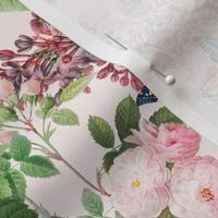 Nostalgic Beauty: Antique Lilac Flower and Bouquets with Pierre-Joseph Redouté Roses,  English Dog Rose, Blue Cute Butterflies- for Vintage Home Decor And Wallpaper - light pink