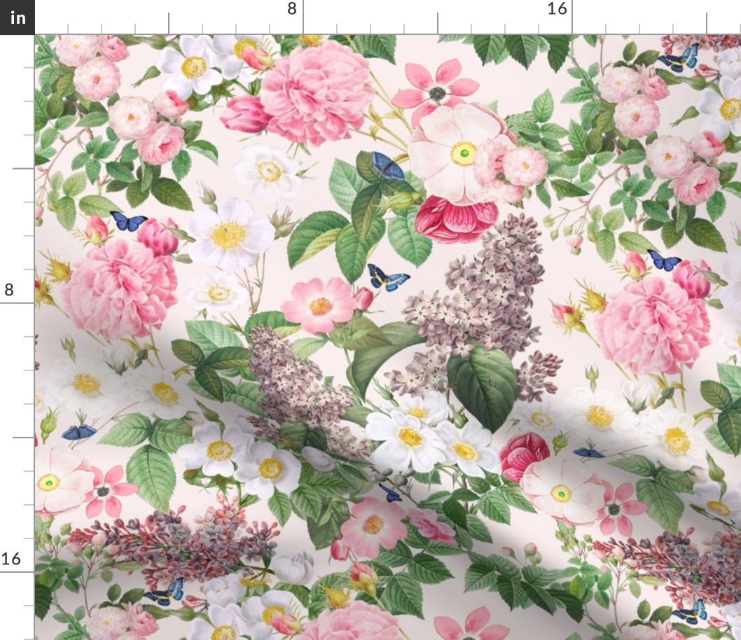 Nostalgic Beauty: Antique Lilac Flower and Bouquets with Pierre-Joseph Redouté Roses,  English Dog Rose, Blue Cute Butterflies- for Vintage Home Decor And Wallpaper - light pink
