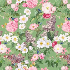 Nostalgic Beauty: Antique Lilac Flower and Bouquets with Pierre-Joseph Redouté Roses,  English Dog Rose, Blue Cute Butterflies- for Vintage Home Decor And Wallpaper apple green