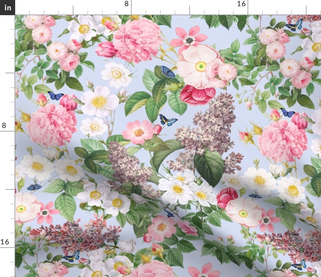 Nostalgic Beauty: Antique Lilac Flower and Bouquets with Pierre-Joseph Redouté Roses,  English Dog Rose, Blue Cute Butterflies- for Vintage Home Decor And Wallpaper baby blue 