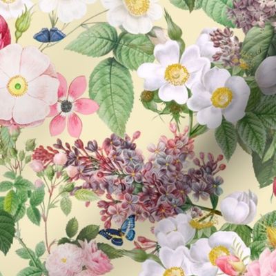 Nostalgic Beauty: Antique Lilac Flower and Bouquets with Pierre-Joseph Redouté Roses,  English Dog Rose, Blue Cute Butterflies- for Vintage Home Decor And Wallpaper soft yellow
