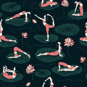 Women in yoga poses on lotus leaves