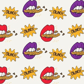 Bright bold lips biting chips in pop art style