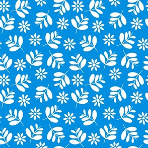 Boho Floral Pattern No.1 White Leaves And Daisies In Silhouette On Blue