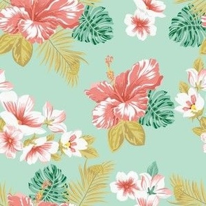tropical flowers on teal