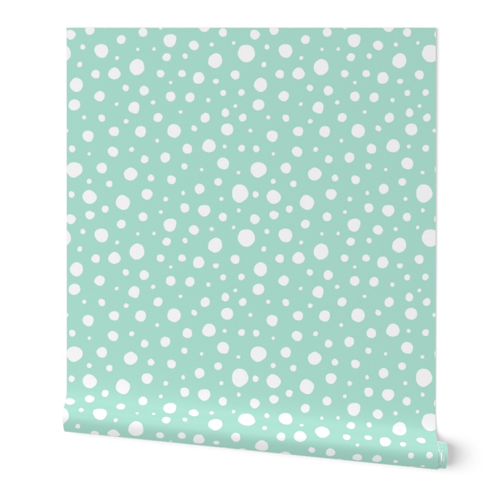 Hand Drawn Doodle Polka Dots, White on Seafoam Green (Medium Scale)