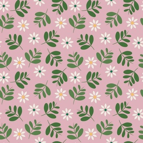 Boho Floral Pattern No.2 White Daisies And Leaves On Pink