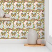 70's style cutesy print with rainbow, butterfly and retro floral for kids nursery wallpapers - small size.