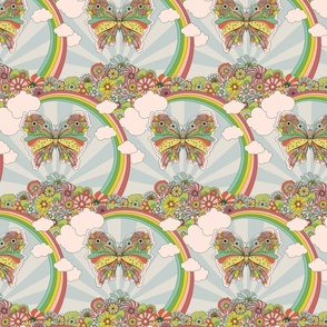 70's style cutesy print with rainbow, butterfly and retro floral for kids nursery wallpapers - small size.