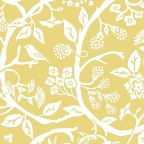 Decorative Victorian style botanical print - yellow , mustered, white 