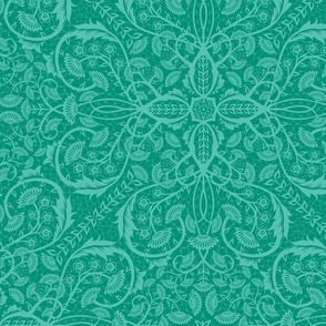 Dark turquoise tonal classical floral vines in maximalist layout - large.