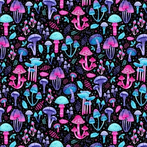 Enchanted Pink, Purple and Blue Watercolor Mushrooms on Black SMALL