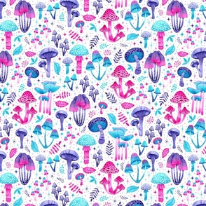 Enchanted Pink, Purple and Blue Watercolor Mushrooms on White SMALL