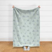 Honey Bees on Sea Mist (large scale) | Wildflowers and bees with honeycomb, hand drawn on a linen texture background in blue-green, turquoise, nature fabric in blue and green.