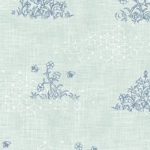 Honey Bees on Sea Mist | Wildflowers and bees with honeycomb, hand drawn on a linen texture background in blue-green, turquoise, nature fabric in blue and green.