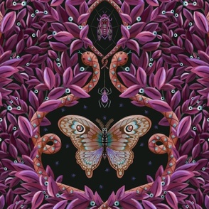 Dark color themed quirky damask of a magical jungle for home deco - large print.