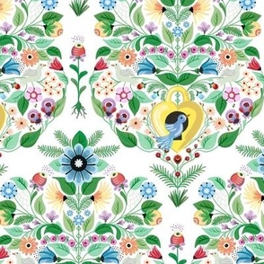 Cute birds flying out from their birdhouse in the graphical floral damask on a sunny day - small print.