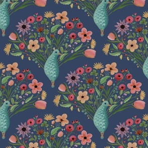 Hand painted dainty floral feathers adding fantasy into damask peacock pattern - decorative and color block - mid size  print.